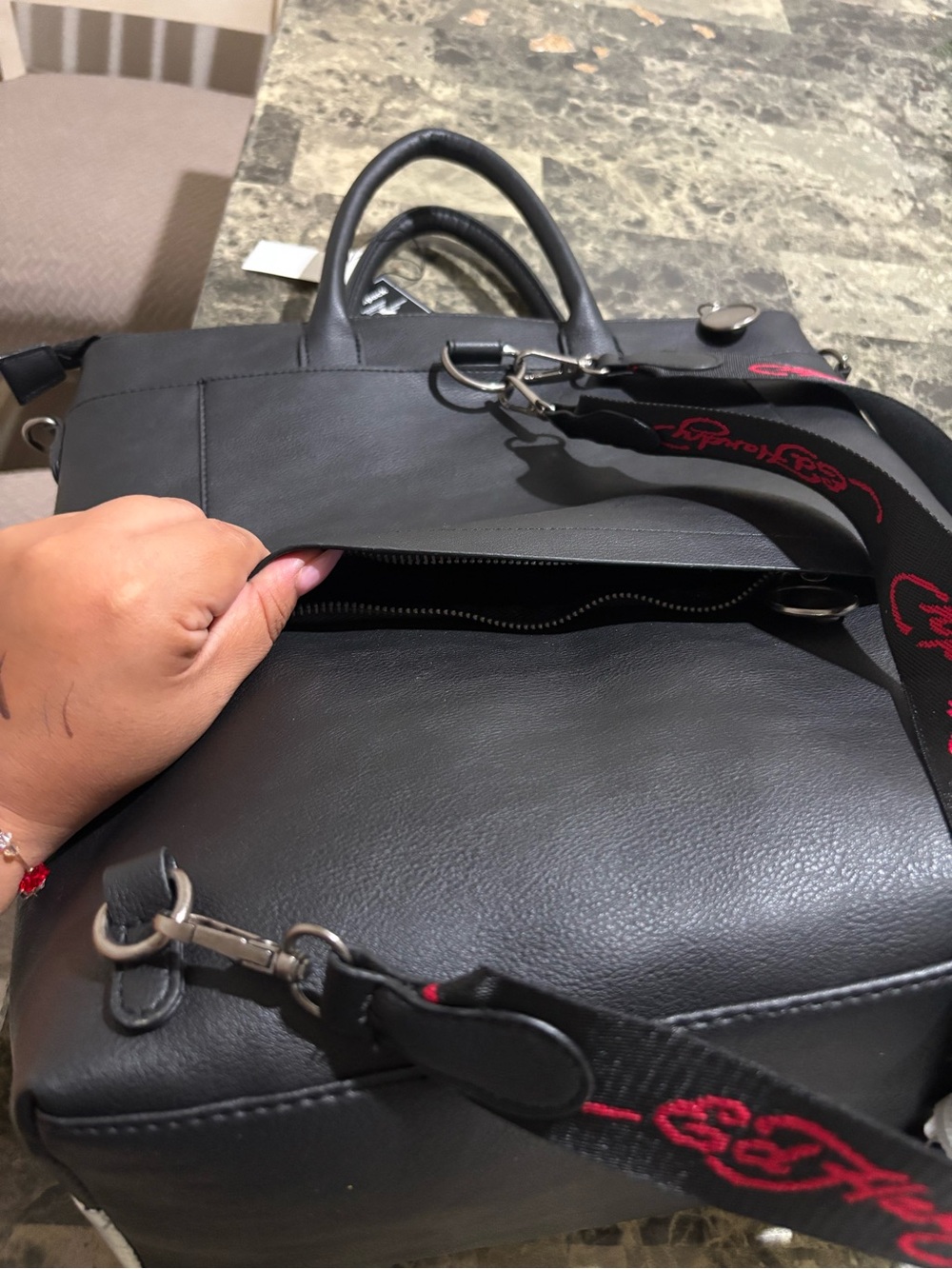 Ed Hardy Silver Metallic Backpack with Black Handles and Red Accents - Picture 7 of 15